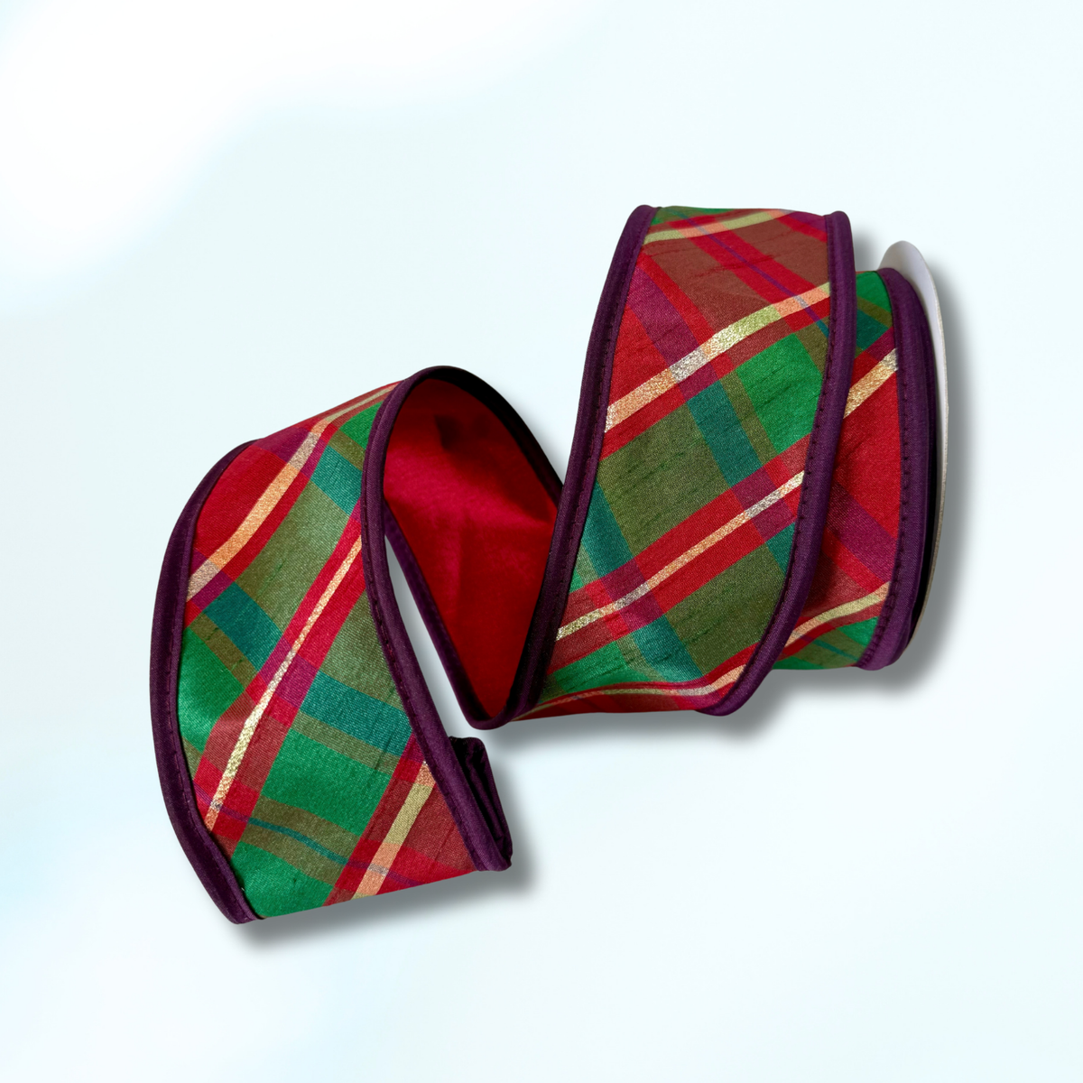 JME Metallic Dupion Plaid in Red, Green, Deep Purple and Gold Accent