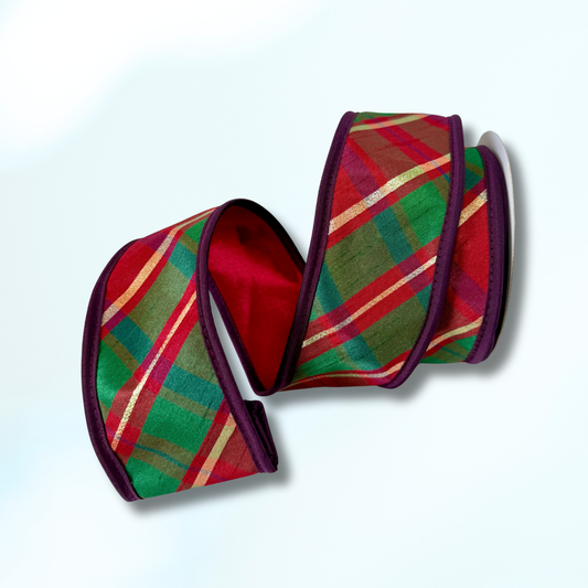 JME Metallic Dupion Plaid in Red, Green, Deep Purple and Gold Accent